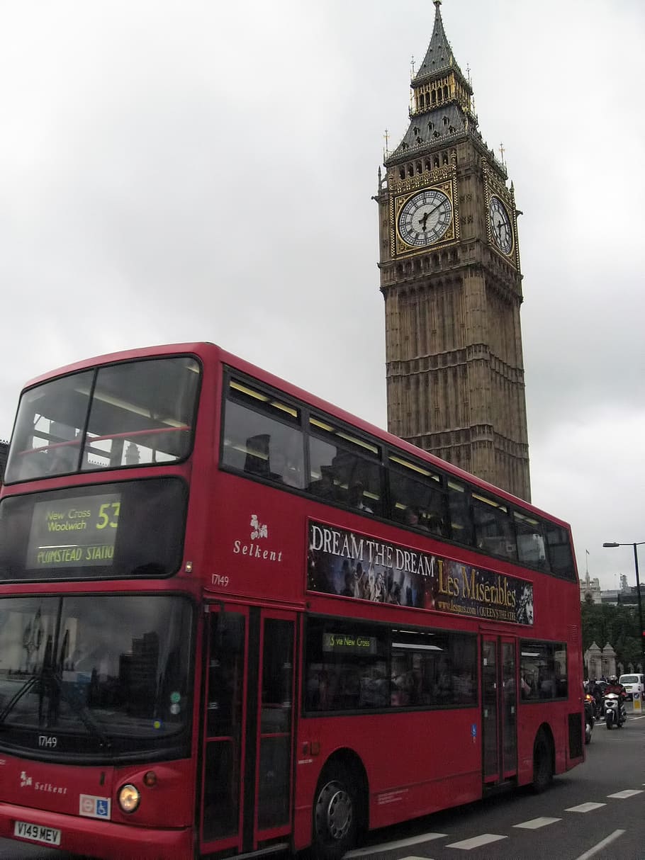 bus, two-storied, big ben, belfry, london, architecture, clock tower, built structure, mode of transportation, building exterior