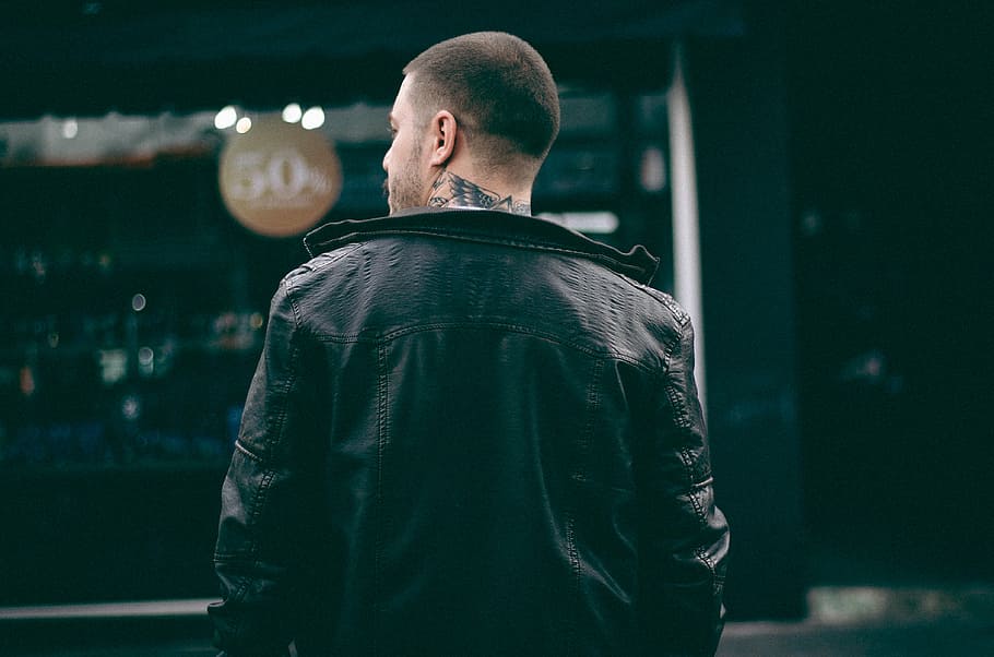 man, wearing, black, leather jacket, tattoo, people, leather, jacket, fashion, hipster