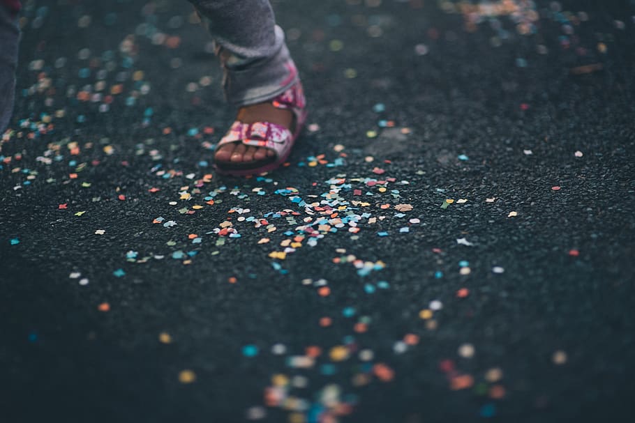 sandals, footwear, foot, bokeh, confetti, party, low section, one person, human leg, human body part