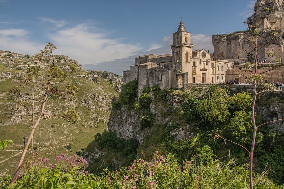 matera, italy, church, cathedrale, architecture, mountain, history, building exterior, built structure, plant