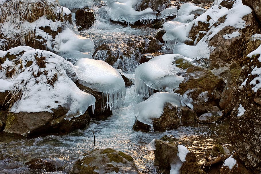 Stream, Winter, Marmolada, Dolomites, mountain, snow, cold, water, roar, nature