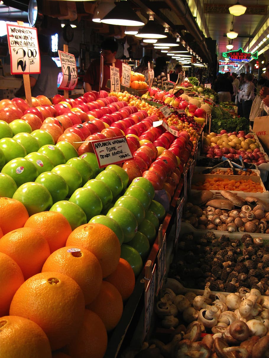 frutas naranjas, fruta, mercado, frutas, puesto en el mercado, vendedor ambulante, seattle, washington, compradores, compras