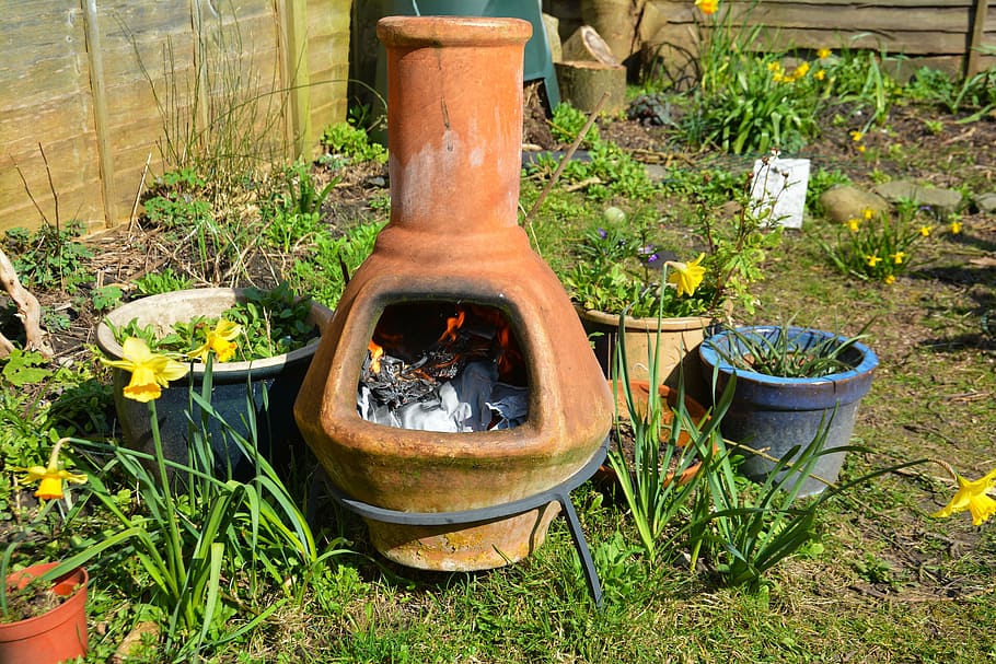 clay fire pot, stove, garden, pot, belly, fire, clay, pottery, earthenware, brown