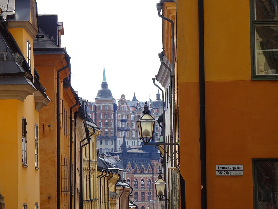 street escape, stockholm, houses, facades, architecture, building, city, alley, historic center, tourism