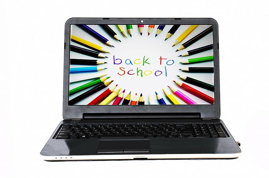 black laptop computer, computer, school, work, business, learning, teachers, internet, crayons, crayon