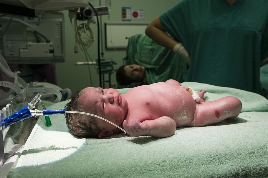 Bebé, acostado, verde, textil, máquina de hospital, nacimiento, personas, niños, humanos, mamá