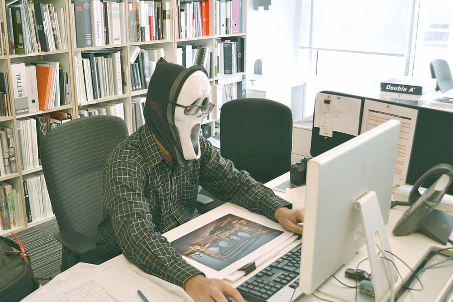 person, using, computer, sitting, chair, wearing, mask, keyboard, study, business