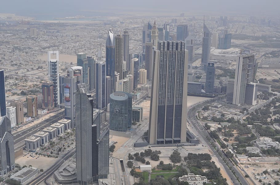 aéreo, fotografía, edificios altos, Dubai, ciudad, vista, paisaje urbano, rascacielos, vista burj khalifa, exterior del edificio