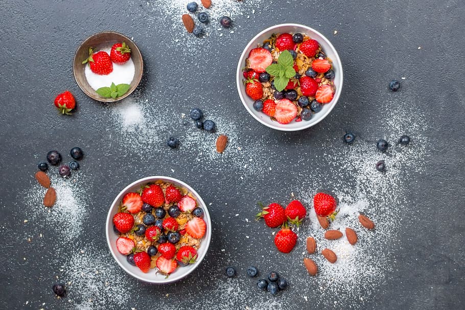 three, round, white, bowls, filled, strawberries, müesli, fruits, breakfast, flake