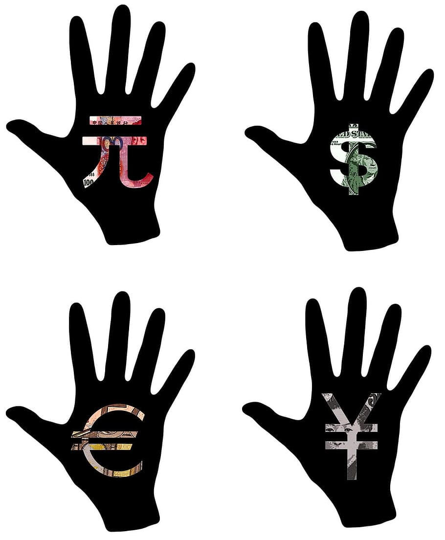 hand, dollar, yen, euro, yuan, cash, money, exchange, silhouette, trade