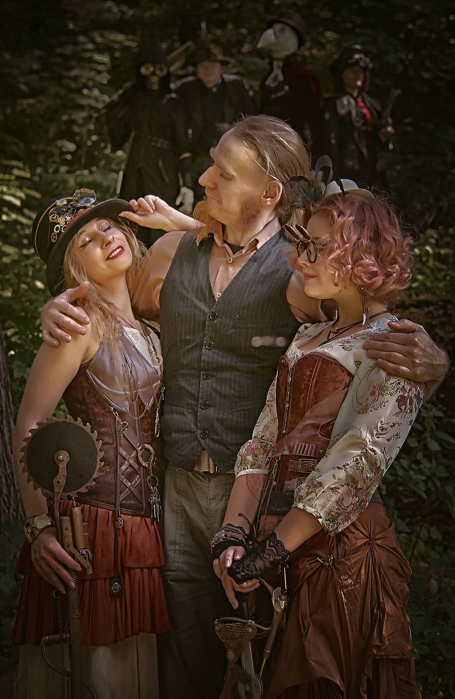 steampunk, company, a man with two women, guy and two girls, retro, vintage, parabank, punks, the cosplayers, cosplay