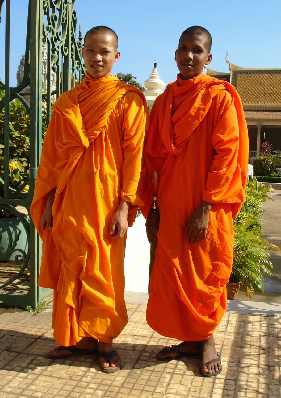 僧侶, 宗教, 仏教, 修道院, 忠実, 信仰, カンボジア, 二人, オレンジ色, ポートレート