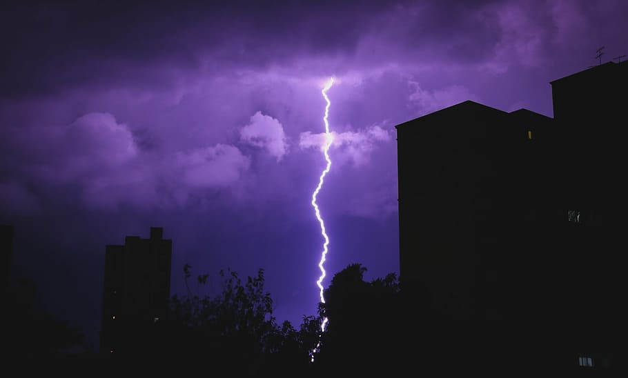 silhouette, buildings, lightning, cloudy sky, lighting, lightning strike, purple, rain, sky, storm