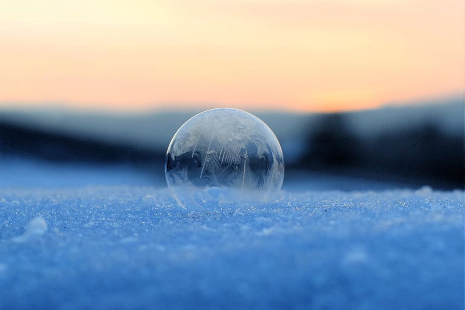 bolha de sabão, congelado, bolha congelada, inverno, frio, neve, bola, geada, nascer do sol, cristais de gelo