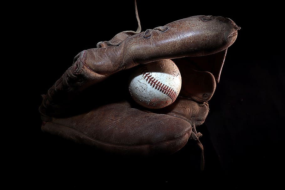 sarung tangan, baseball, permainan, olahraga, tua, bola, baseball - olahraga, baseball - bola, studio shot, sarung baseball