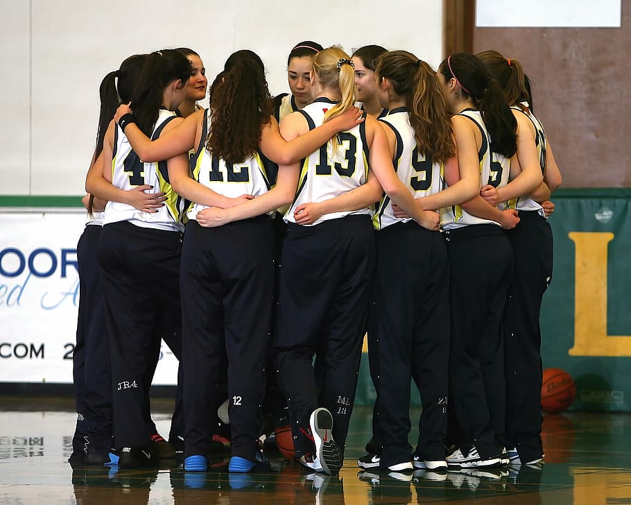 grupo, mulheres, formação, círculo, interior, branco, pintado, quarto, equipe, time de basquete