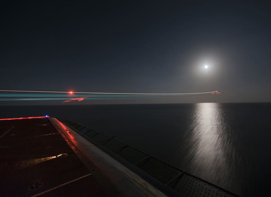 Night, Aircraft Carrier, Ship, Sea, ocean, water, takeoff, lights, outside, deck