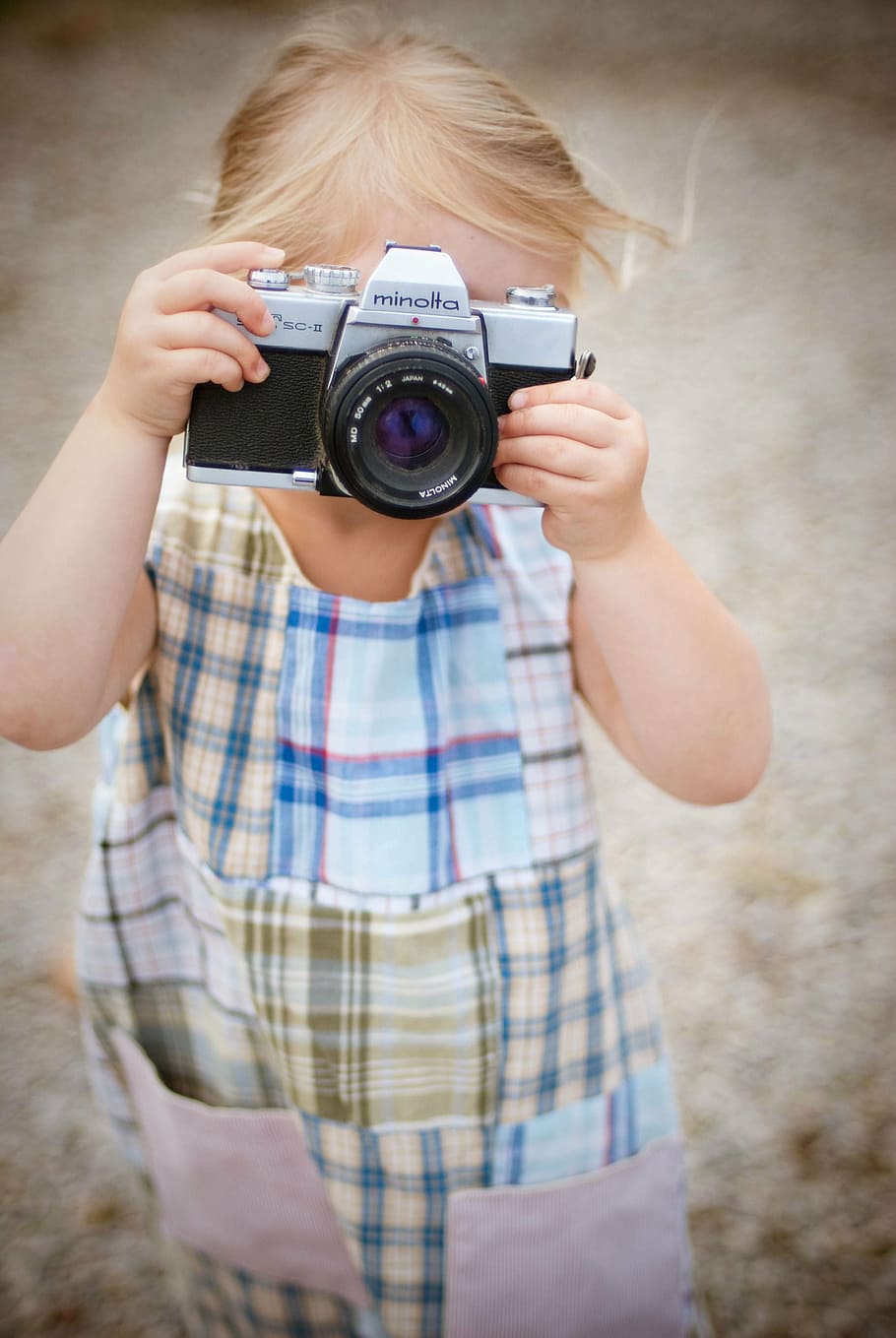 girl, holding, gray, minolta camera, camera, country, film, fun, kid, little girl