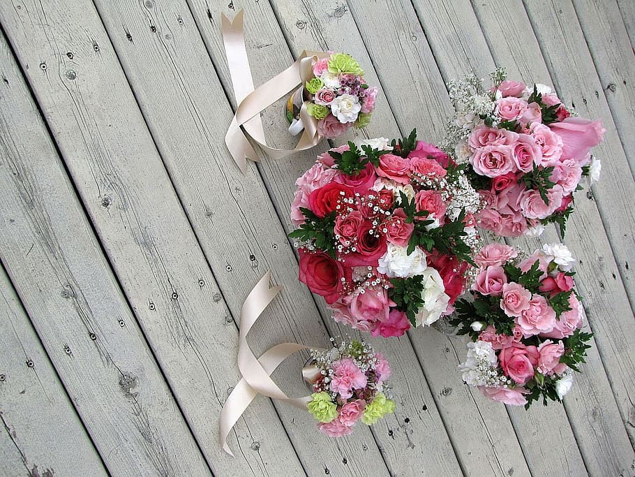 six, assorted, bouquet, flowers, brown, wooden, board, wedding, bridal, marriage