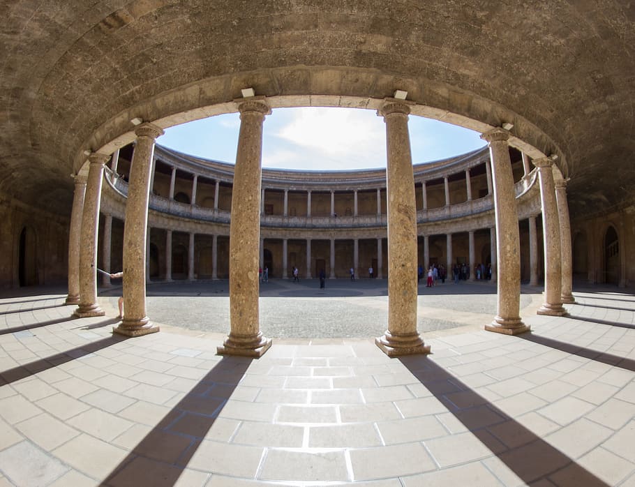 granada, andalusia, carlos v, palacio de carlos v, alhambra, palace, sun and shadows, columns, colonnade, spain