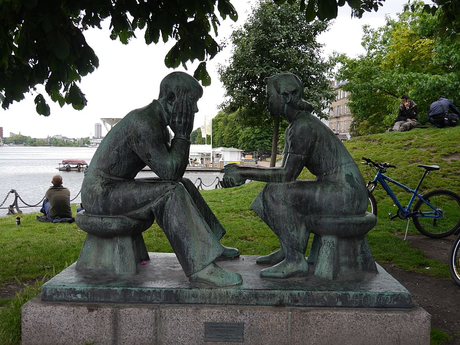 Pensamiento, estatua, pareja, estatua sentada, pensativo, bancos, piedra, lugar famoso, monumento, escultura