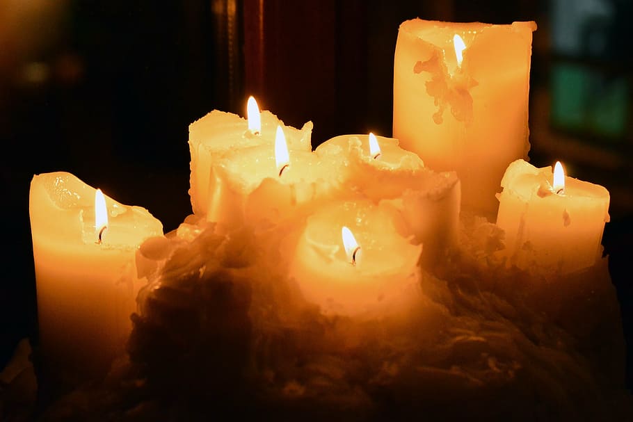 lighted, white, pillar candles, seven, candles, lit, dark, lighting, light, melting