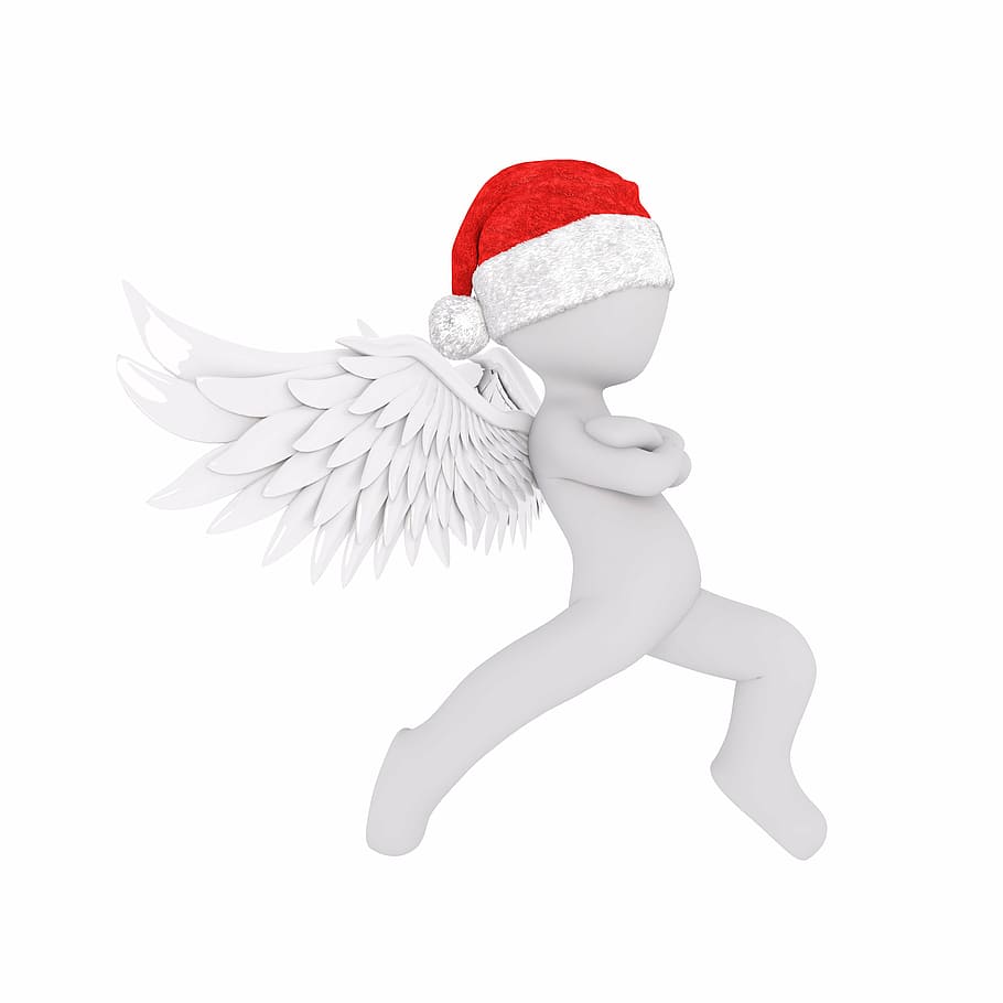 white, winged, boy illustration, christmas, white male, full body, santa hat, 3d model, figure, isolated