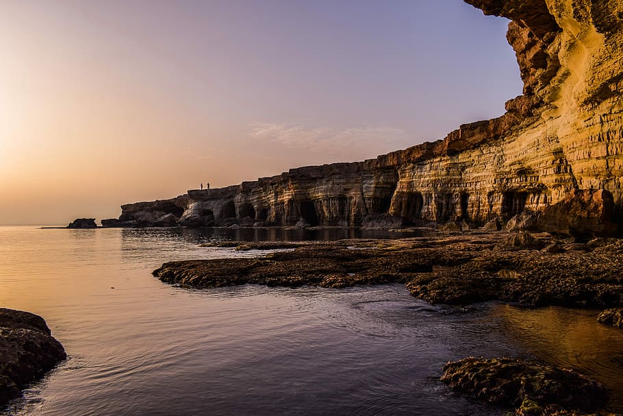 brown, cliff, body, water, cyprus, cavo greko, national park, sunset, travel, sea