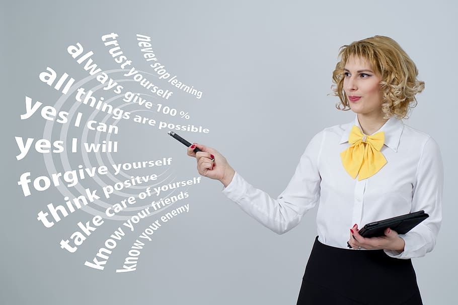 woman, wearing, white, dress shirt, text overlay, successful, think, businesswoman, presentation, target