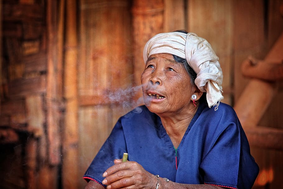 woman, myanmar, cigar, dried, nicotine, man, narcotic, smoking, portrait, appearance