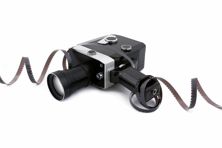 black, silver land camera, film, camera, cinema, equipment, movie, white, strip, cinematography