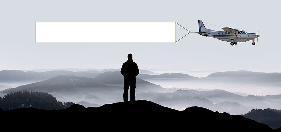 white, black, airplane, aircraft, banner, transparent, flyer, text box, mountains, man