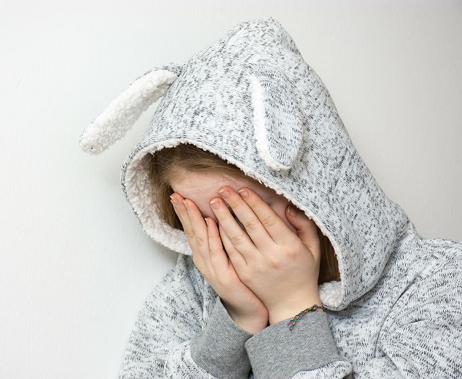 person, wearing, bunny blanket sleeper, desperate, sad, depressed, cry, hopeless, loss, concern