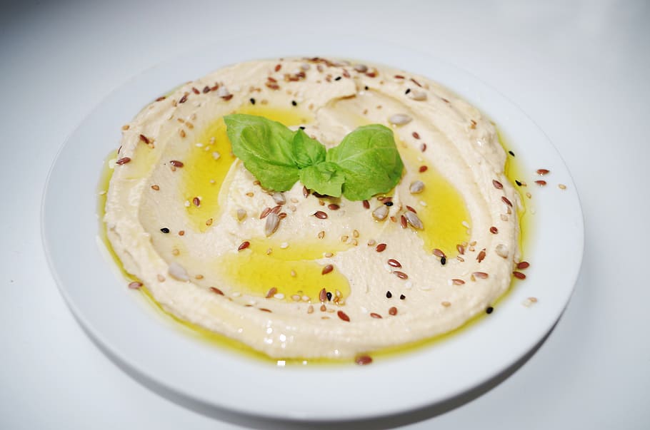 hummus, meal, chickpeas, paste, seeds, grains, close-east, healthy, plate, served