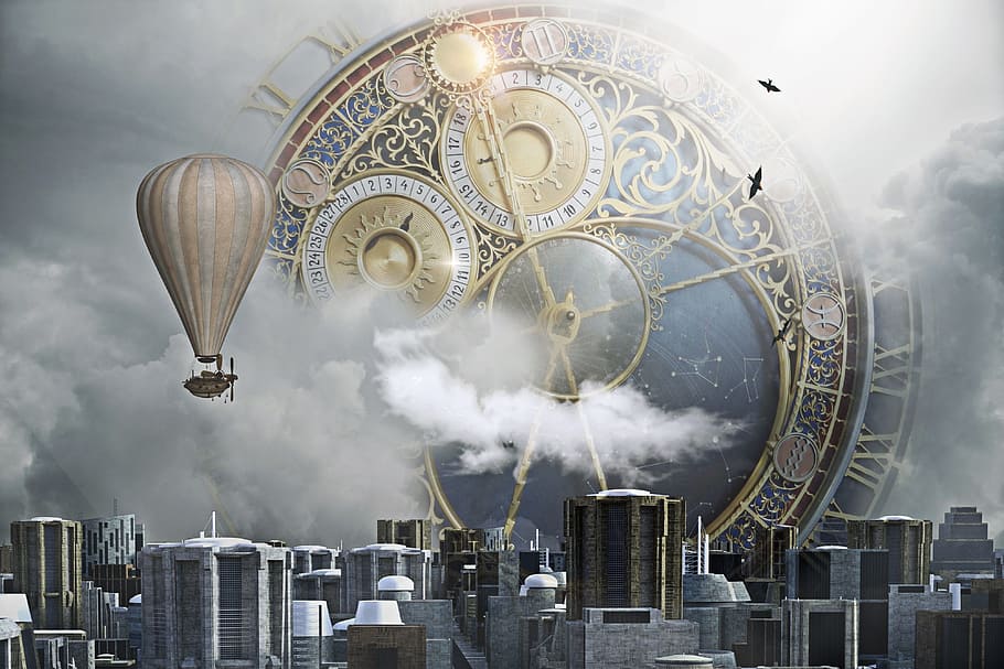 fotografía de paisaje, ciudad, fondo del reloj, steampunk, reloj, ciudad del reloj, fantasía, ciencia ficción, futurista, diseño