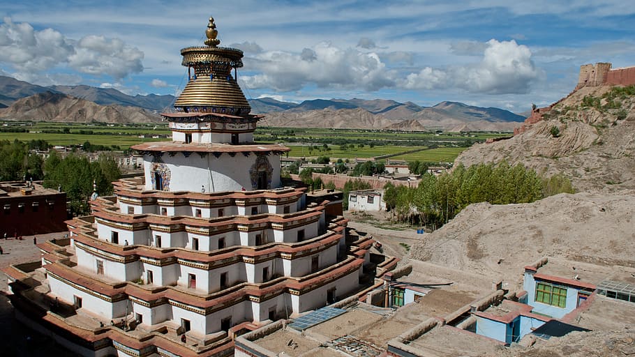 brown, white, 6-tier, 6- tier building, daytime, tier, building, tibet, monastery, temple