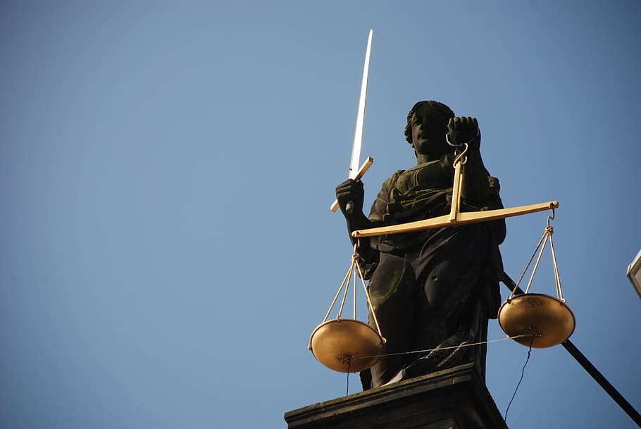 fotografia, estátua da justiça, senhora justiça, jurisprudência, direito, escala, tribunal, estátua, céu, céu claro