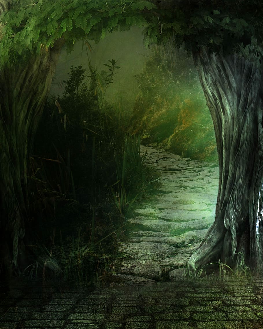 green, leafed, trees painting, fantasy, landscape, forest, secret, by look, surreal, creative