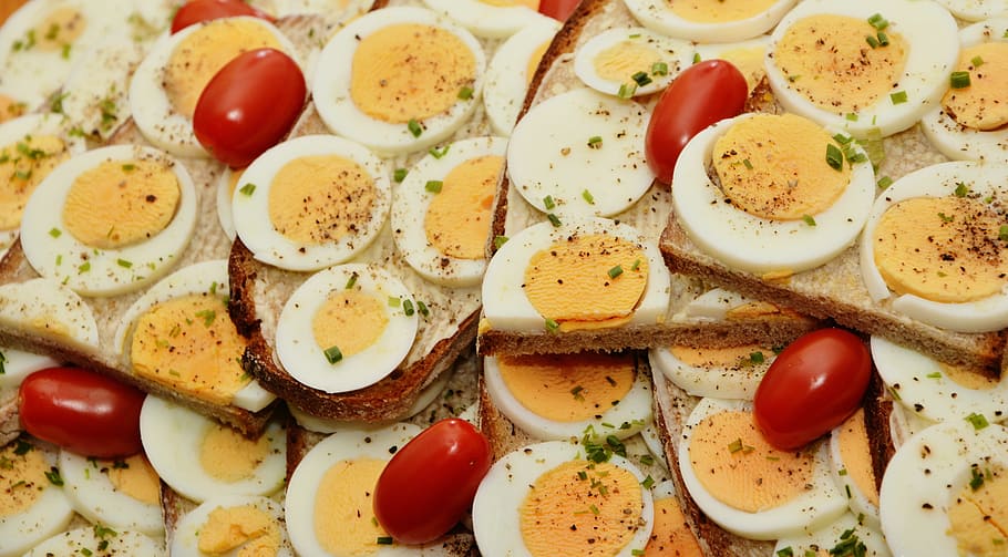sliced boiled egg, egg sandwich, egg, bread, yolk, boiled eggs, party snack, cold buffet, food, eat