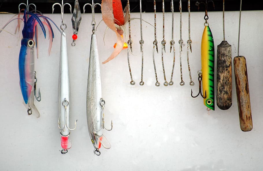 hanging, hook, lures, fishing, charter boat, hooks, game fishing, sport, equipment, collection