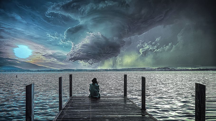 sea, sky, dark clouds, storm, weather, nature, water, one person, beauty in nature, cloud - sky