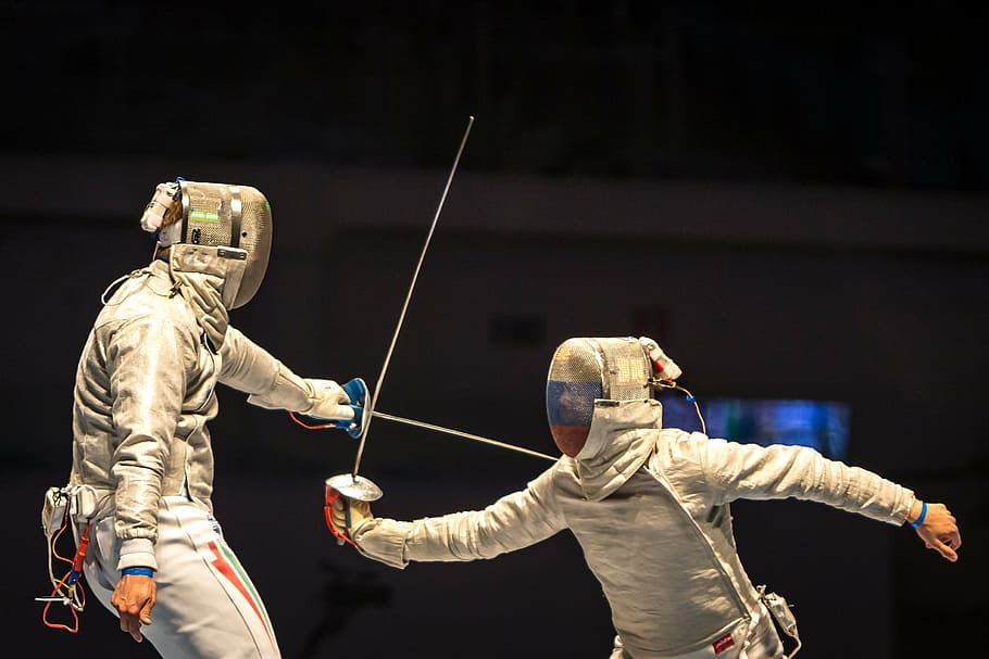 two, person, fencing sport, fencing, people, playing, sport, weaponry, two people, performance