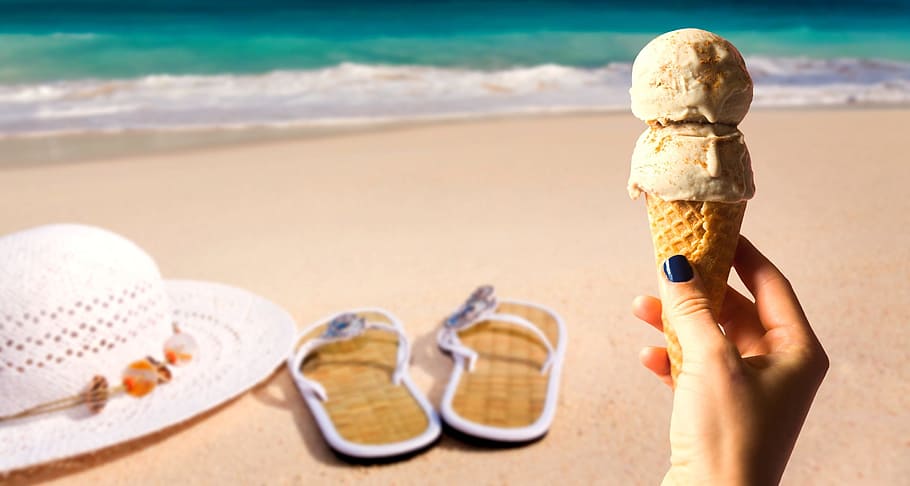 person, holding, ice cream, beach, ice, summer, delicious, ice cream cone, sky, sea