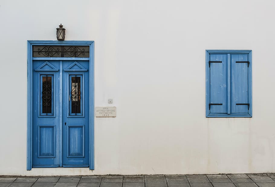 white, concrete, wall, blue, door, window, wooden, entrance, house, old