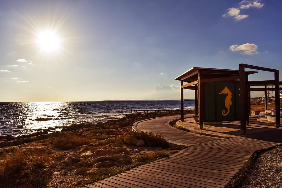 sunset, kiosk, architecture, beach, sea, coastal path, ayia napa, cyprus, sky, water