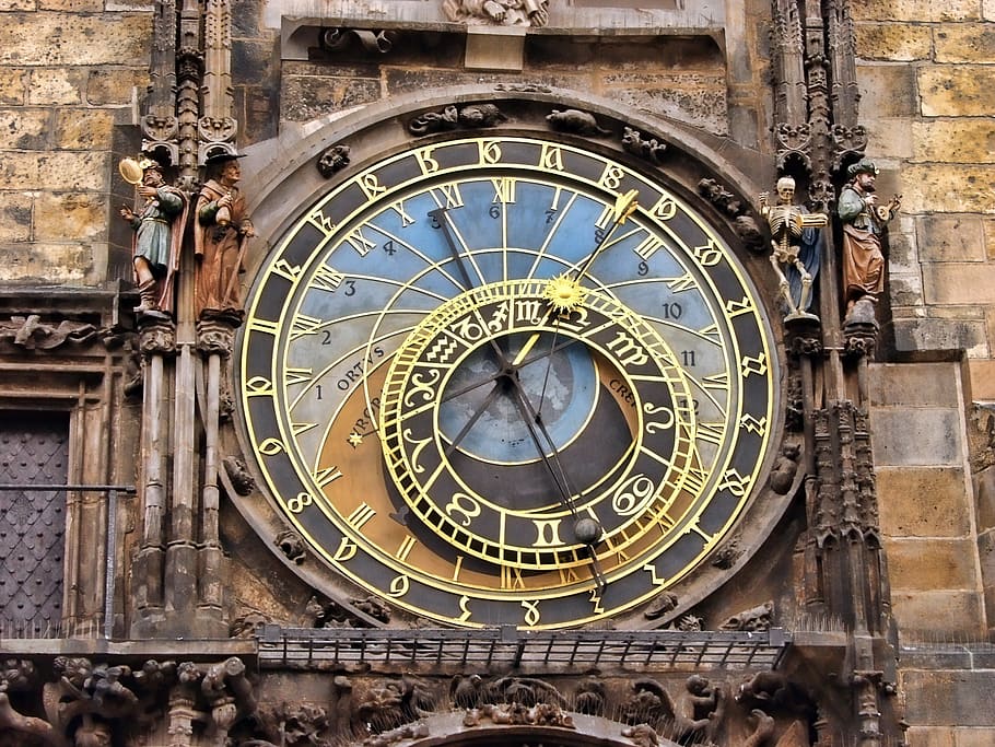 gray, roman numeral clock tower, daytime, prague, clock, astrological, czech, historic, famous, symbol