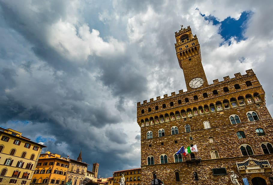 Florencia, Italia, plaza, cielo, tormenta, signoria, vecchio, palazzo, toscana, reloj
