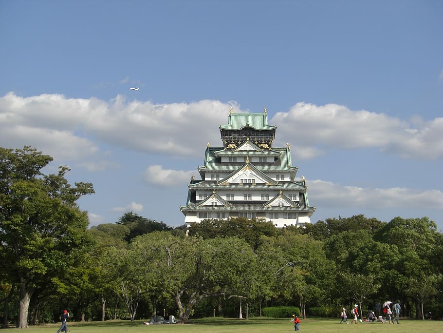 Osaka Castle, Castle Tower, Kinjo, the castle tower, geumseong, jet, airplane, sky, paper airplane, tree