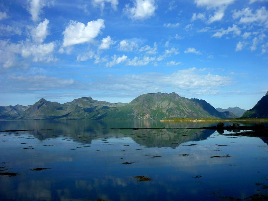 agua, paisagem, lago, panorâmica, montanha, noruega, mar, marinha, céu, reflexão