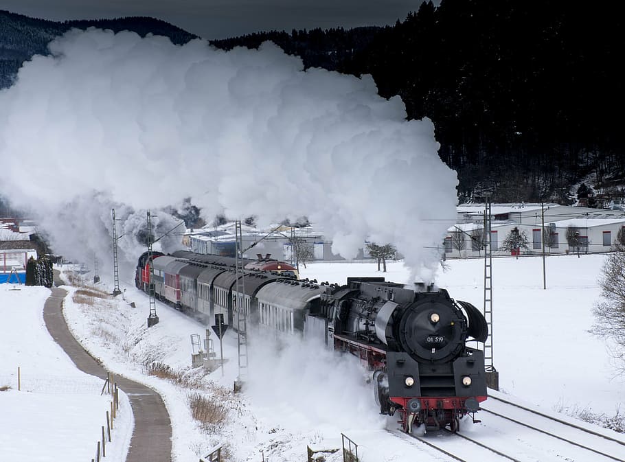 preto, trem, trilha de neve, locomotiva a vapor, schwarzwaldbahn, neve, vapor, inverno, veículos, transporte